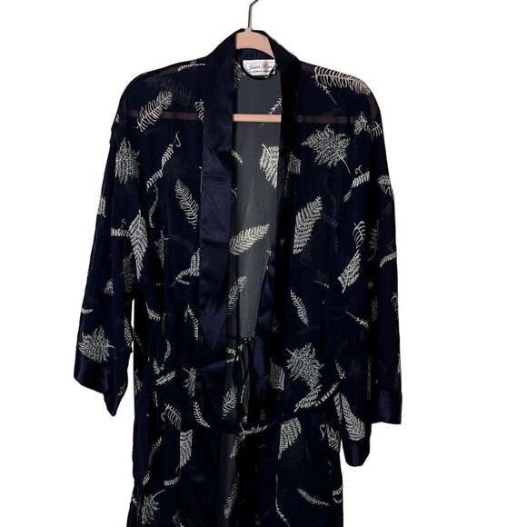 Judith Hart Intimates Robe Size Large Navy Matching Belt Fern Print Sheer - Picture 8 of 10